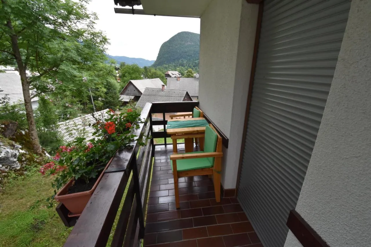 Balkon apartmaja s pelargonijami in razgledom na vas